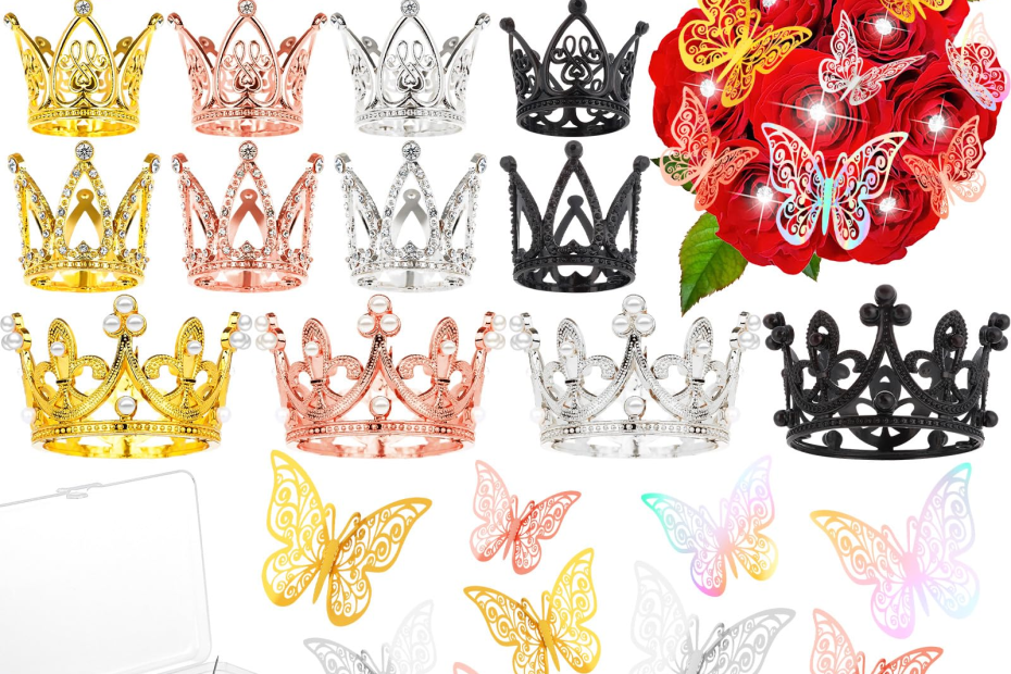 gold silver and rose gold crowns and butterfly add on accessories for flower bouquets