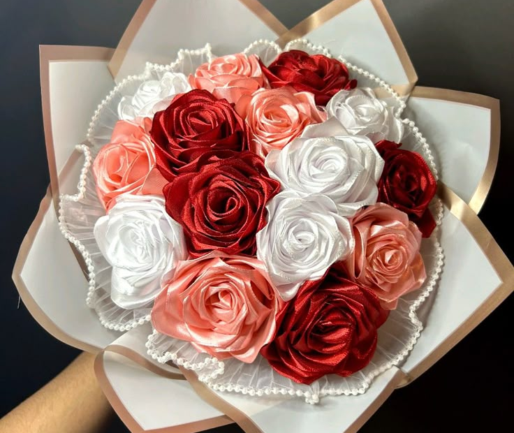 red-white-pink-classic- ribbon-rose-bouquet-for-mother's-day