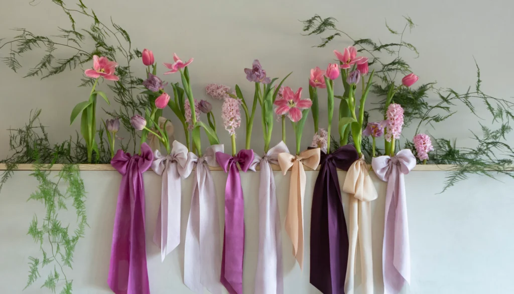 ribbon flowers displayed on shelf as home decor for aesthetic gifting