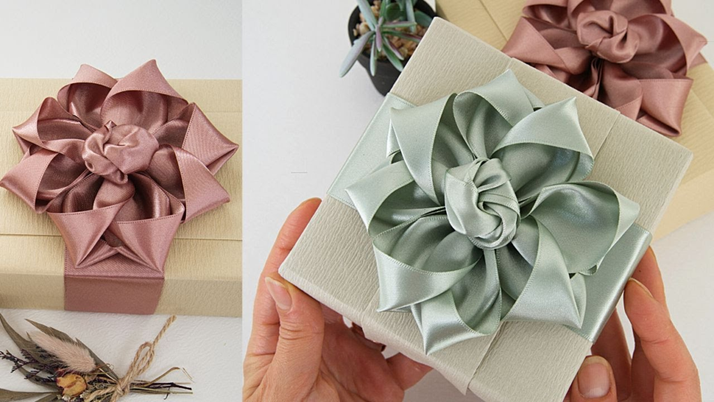 flat lay of aesthetic gift wrapping with ribbon flowers for social media gifting trends