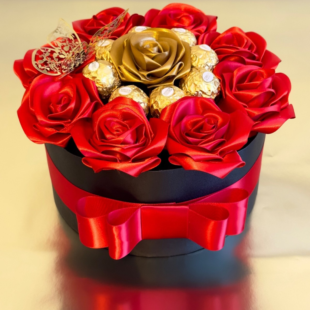 ribbon flower bouquet in gift box unboxing experience for social media