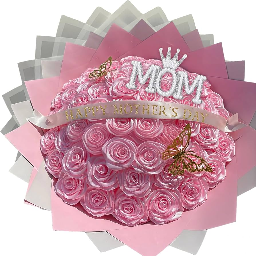 Instagram-worthy ribbon rose bouquet gift for mom on white background