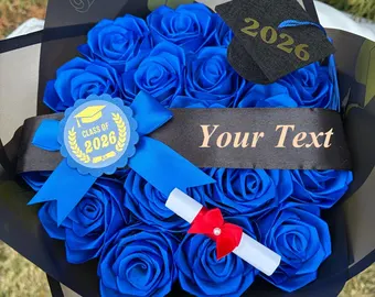 photo-worthy ribbon rose bouquet in royal blue for graduation social media post