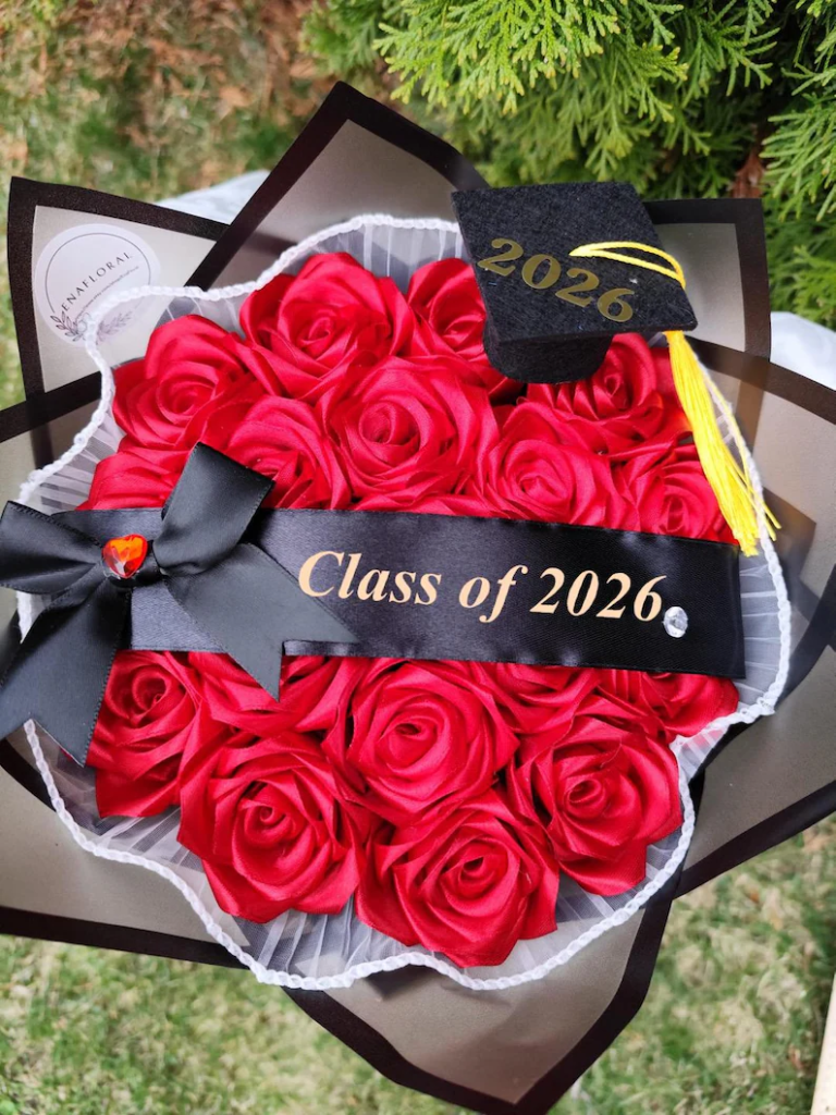 red ribbon rose bouquet for graduation gift